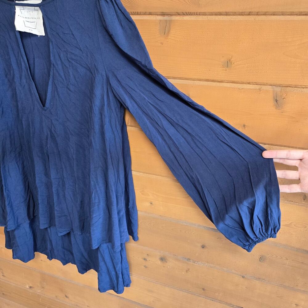 Free People Dress Mini Beck Navy Blue Balloon Sleeve M Boho Keyhole Tiered Boho - Picture 5 of 5